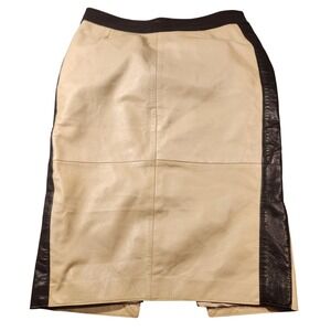 Outer Edge Skirt Womens Medium Beige Leather Pencil Contrast Trim Lined Work